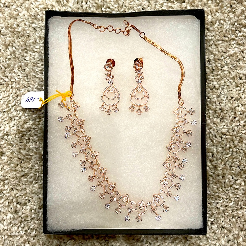 Indian Necklace and Matching Earrings, Rose Gold & Crystals